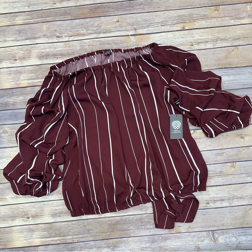 Vince Camuto Striped Off the Shoulder Bubble Sleeve Tie Front Blouse Merlot XL